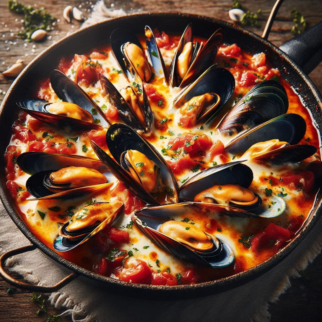 Mussels baked in melted feta and herbs, served with lemon