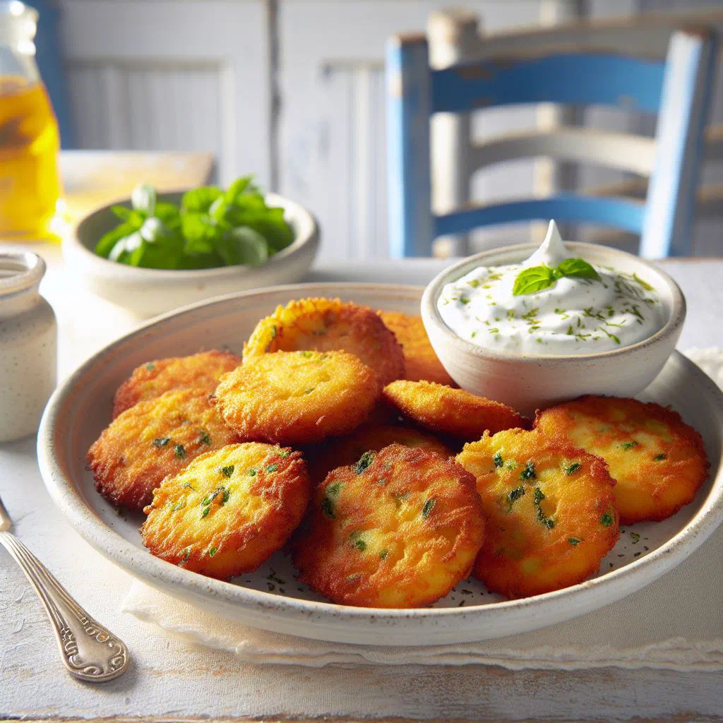 Crispy golden Greek patatokeftedes potato fritters on a plate with herbs
