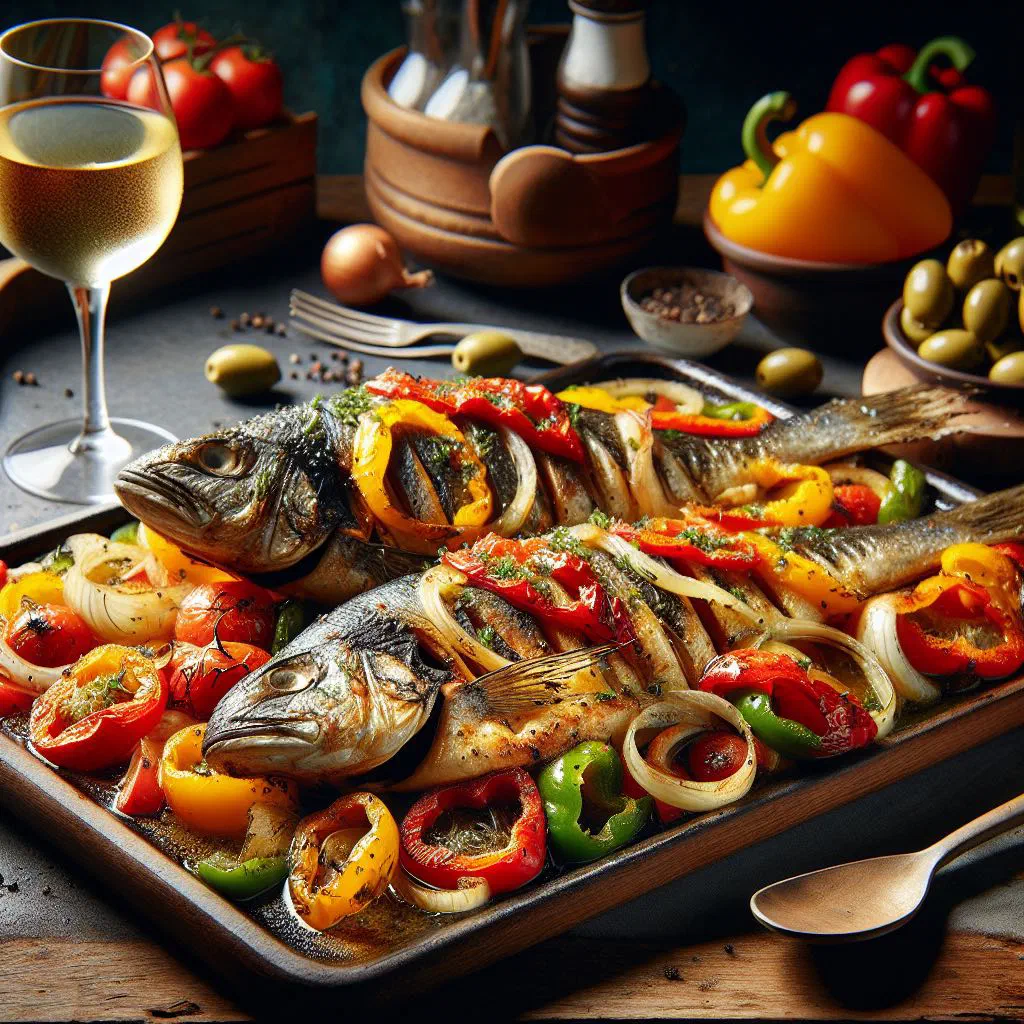 Greek psari plaki, baked fish with tomatoes, onions and herbs