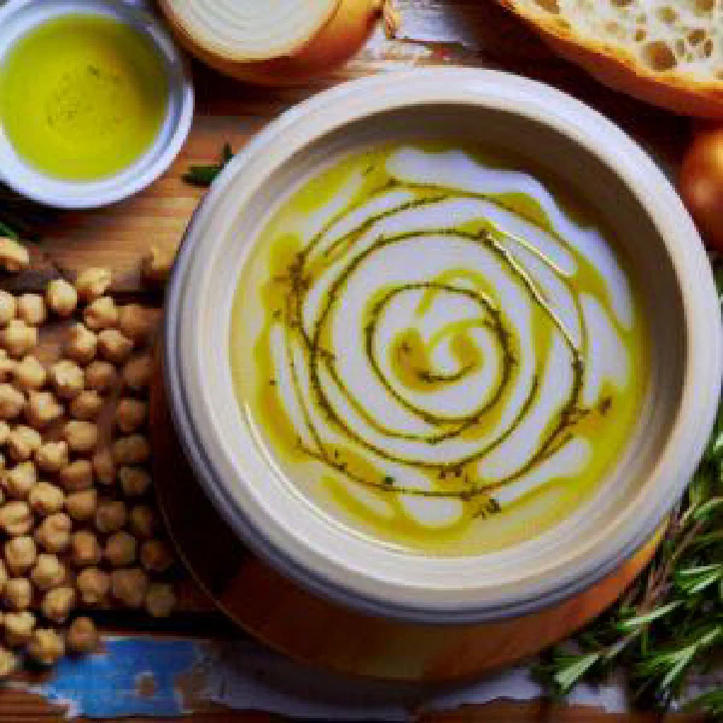 Bowl of Greek revithia chickpea stew garnished with parsley and lemon