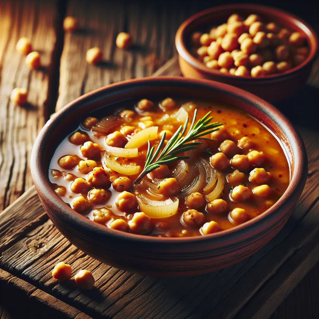 A bowl of Greek chickpea soup garnished with fresh parsley and olive oil