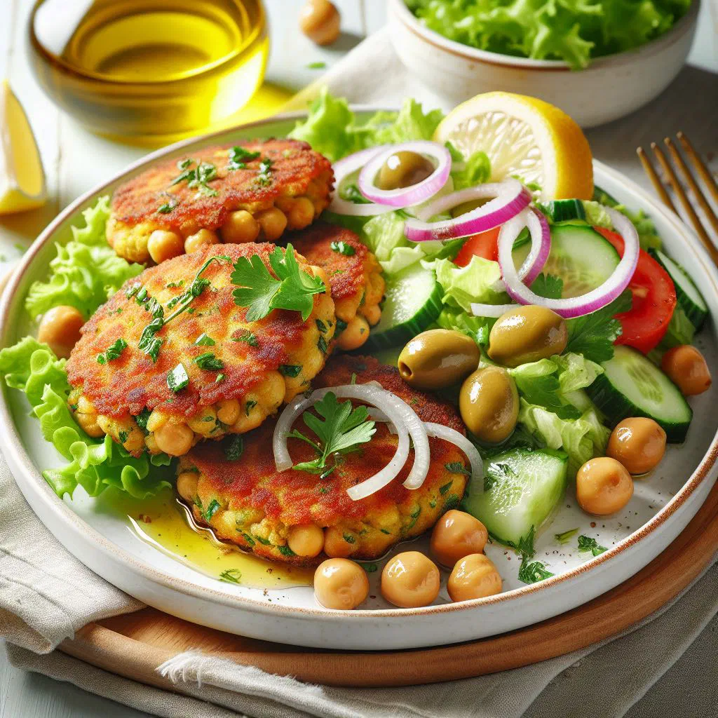 Golden, crispy chickpea fritters served with a herb dip and lemon wedges
