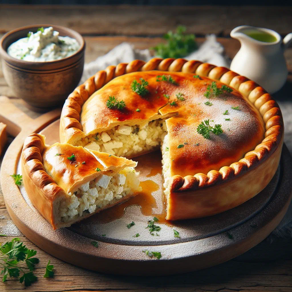 Golden baked Greek rizopita rice pie cut into slices