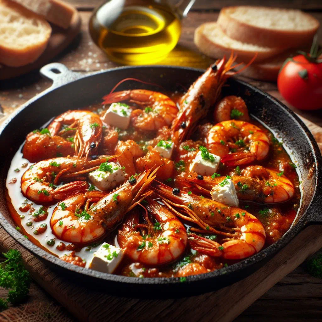 Pan-fried prawns with melted feta, fresh herbs and lemon slices