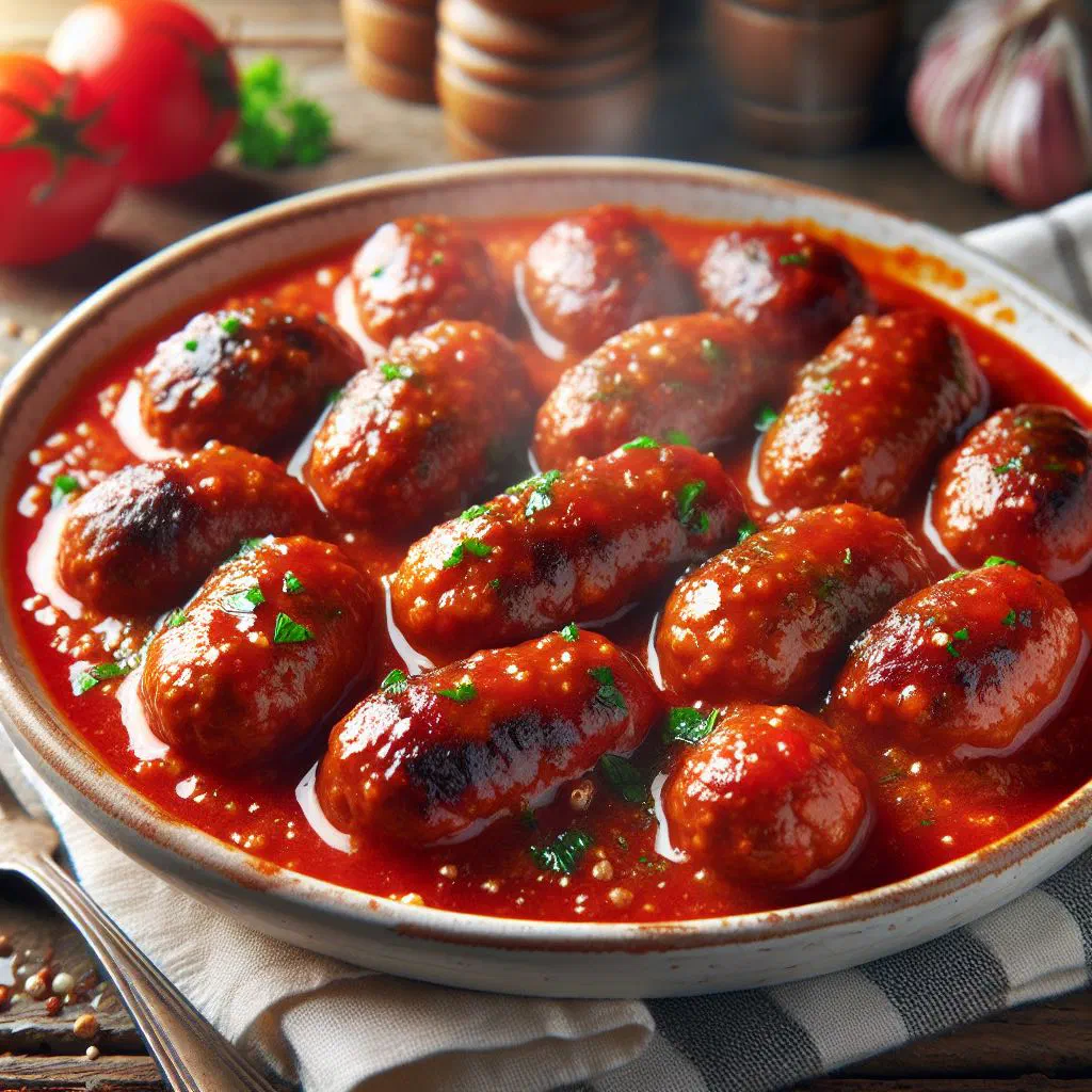 Soutzoukakia meatballs simmered in a rich tomato sauce, garnished with fresh herbs