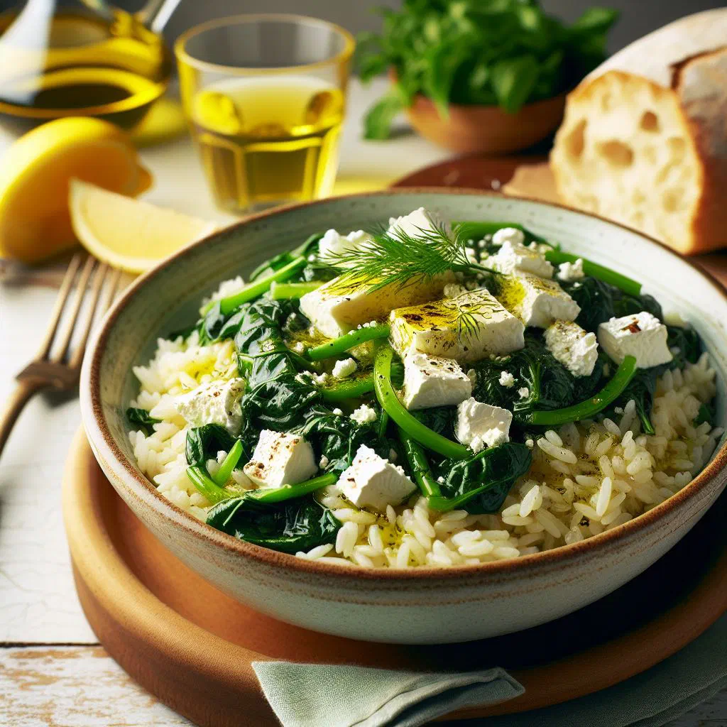 Spanakorizo spinach rice with lemon and fresh herbs in a bowl