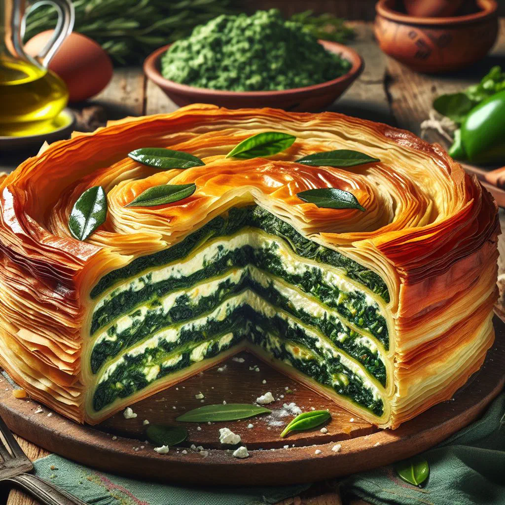 Baked Spanakotiropita served golden in a dish, ready to slice