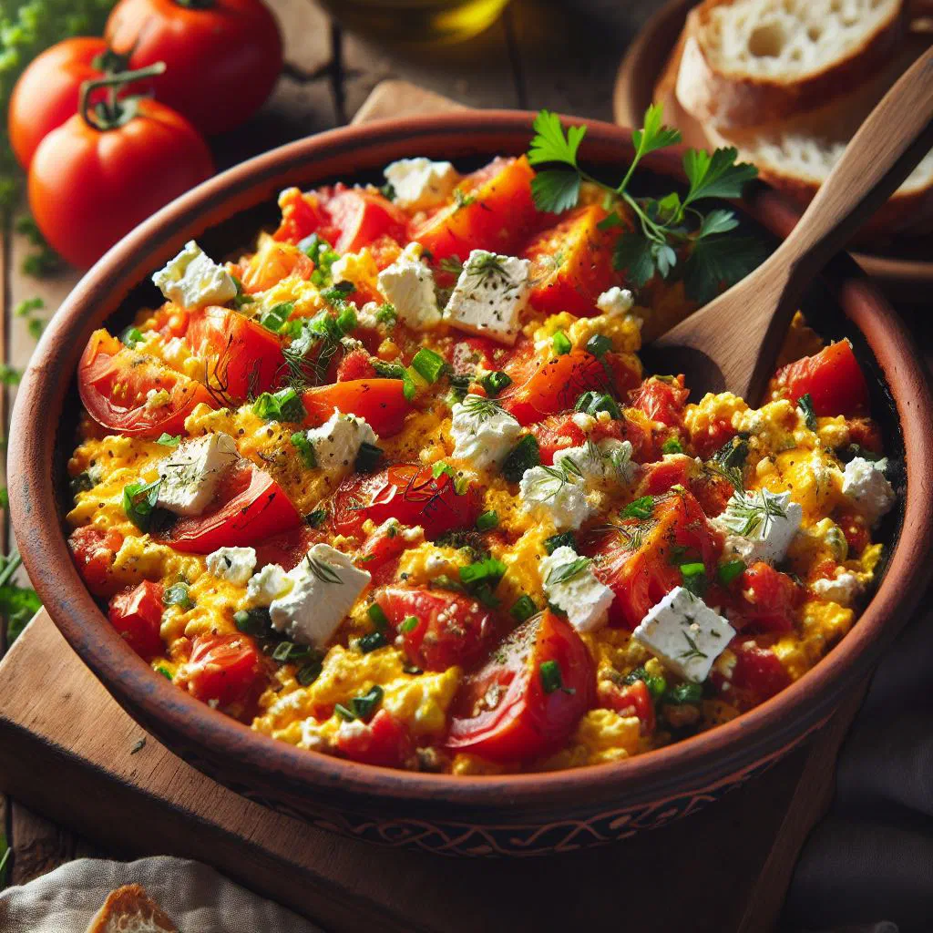 Strapatsada of softly scrambled eggs with tomatoes and fresh herbs
