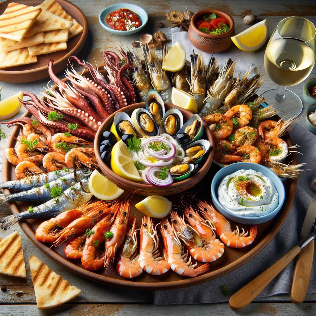 A seafood meze platter with prawns, squid and mussels, lemon and fresh herbs
