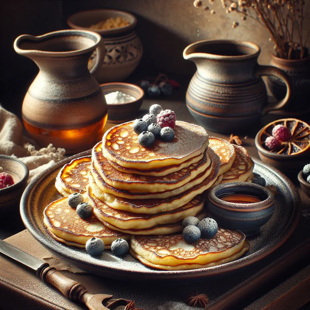 A stack of golden Greek tiganites pancakes drizzled with honey