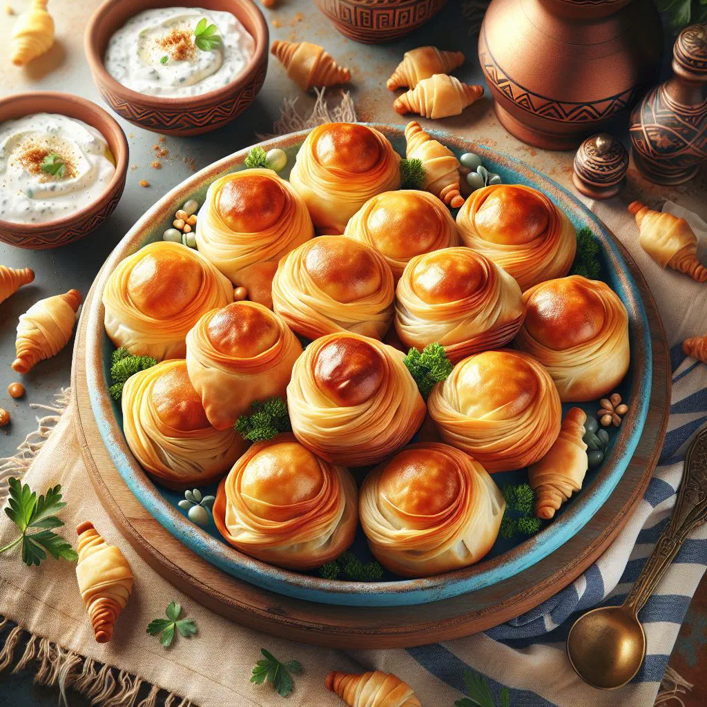 Golden baked tiropitakia cheese pastries on a serving plate