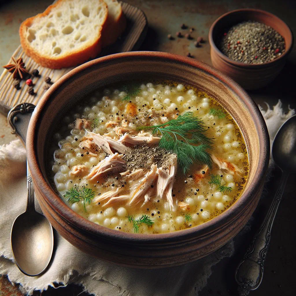 A warming bowl of Greek trahana soup garnished with fresh herbs