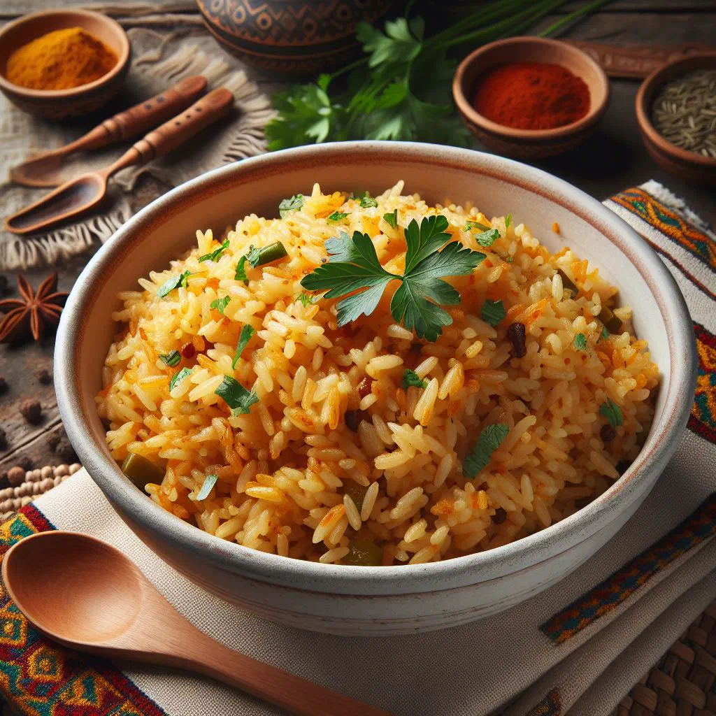 Bowl of trahanas pilaf with carrots and fresh herbs