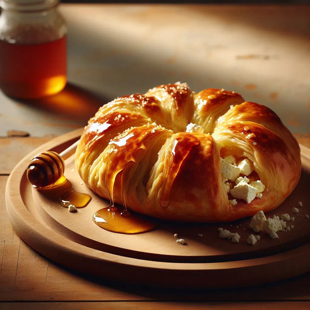 Golden Tyropita filo rolls drizzled with honey