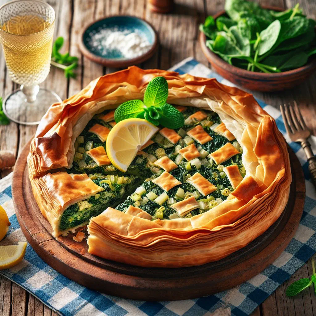 Golden baked xortopita greens pie garnished with fresh herbs