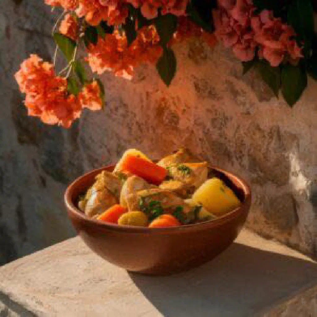 Baked Greek yiachni with vegetables, tomato sauce and fresh parsley