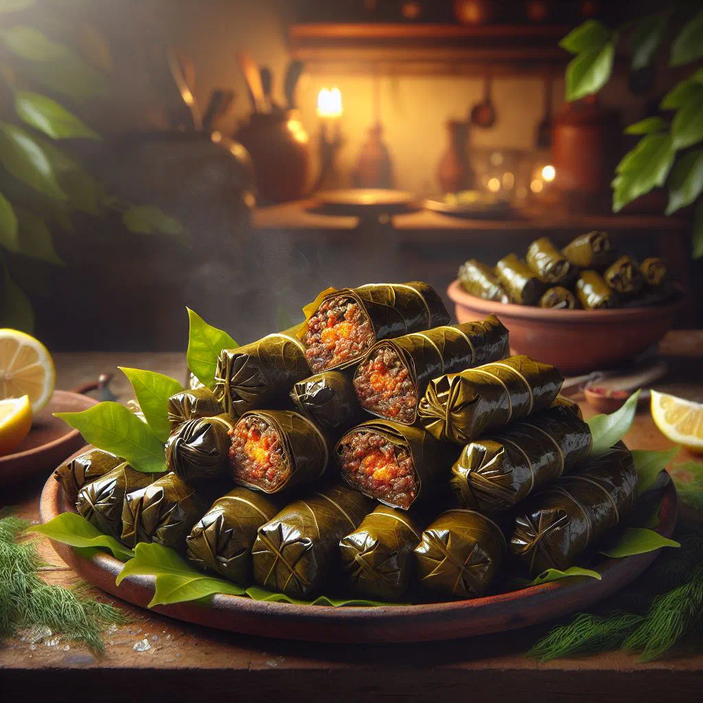 Greek yiaprakia stuffed vine leaves with lemon wedges on a plate