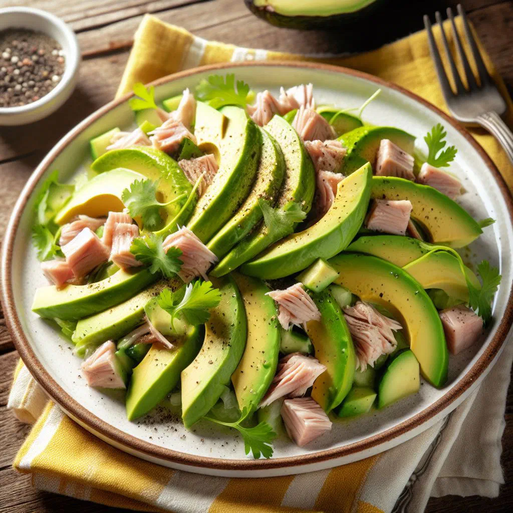 Avocado and saltfish salad with tomato, onion and fresh herbs in a bowl