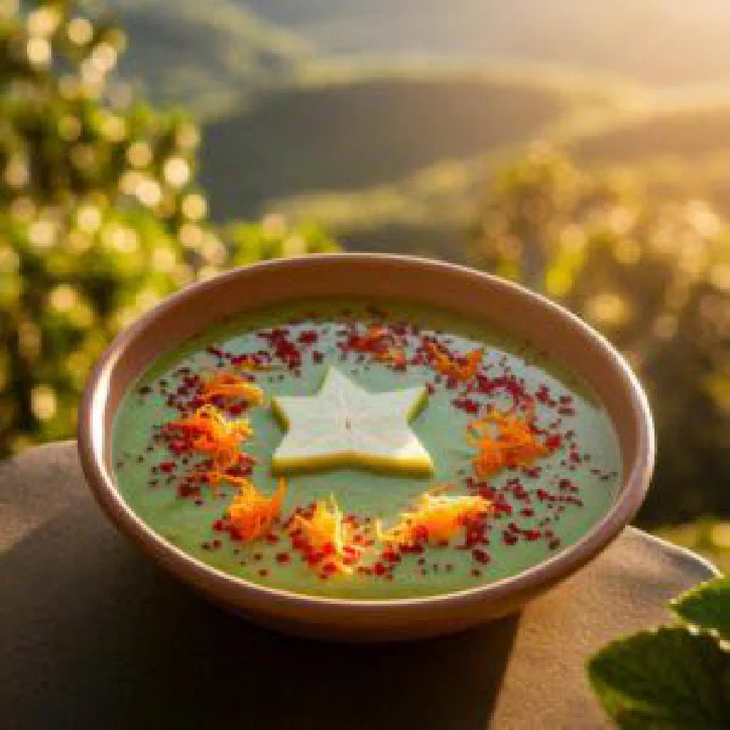 Creamy avocado punch in a tall glass with pineapple and lime garnish