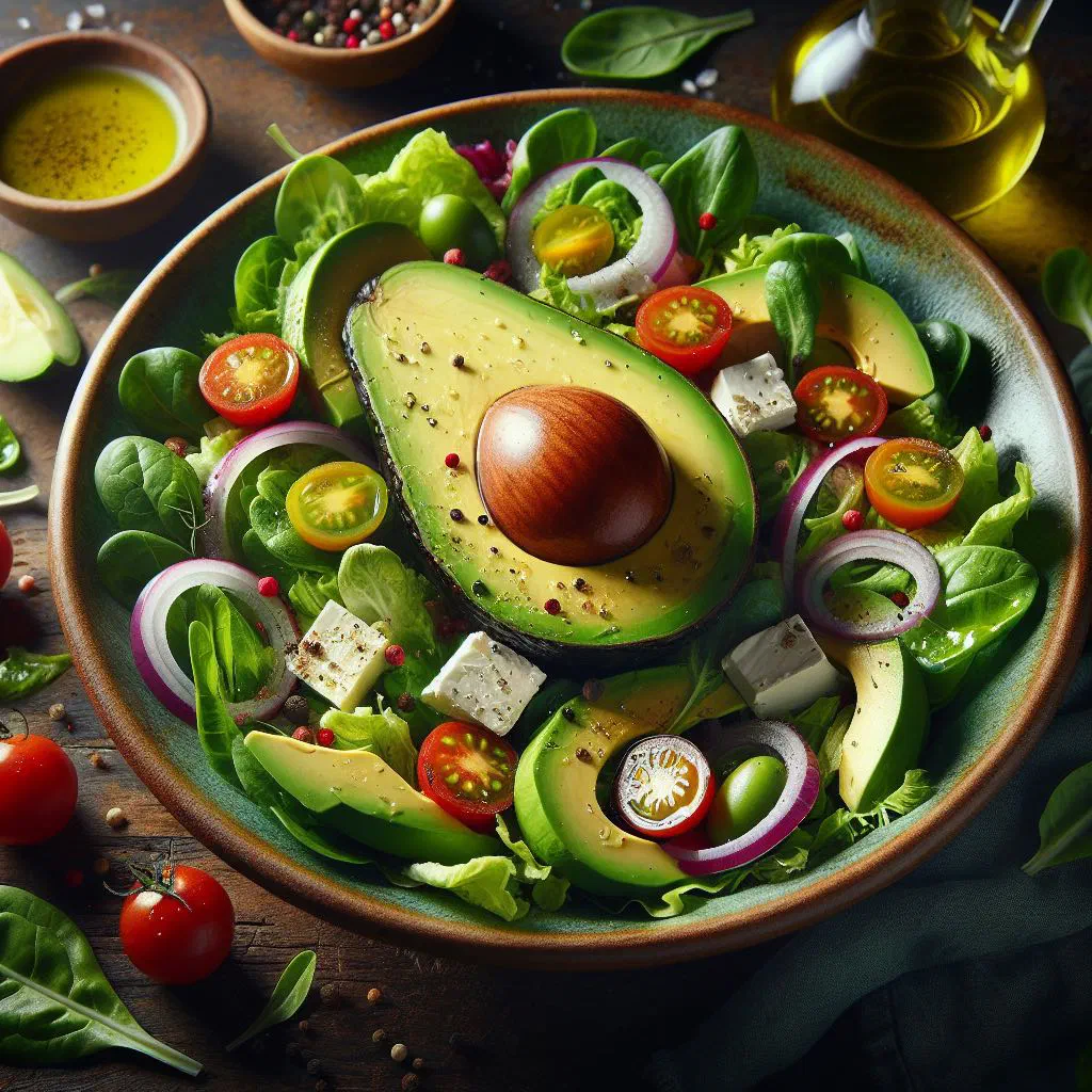 Bowl of Grenadian avocado salad with diced tomatoes, onion and fresh herbs