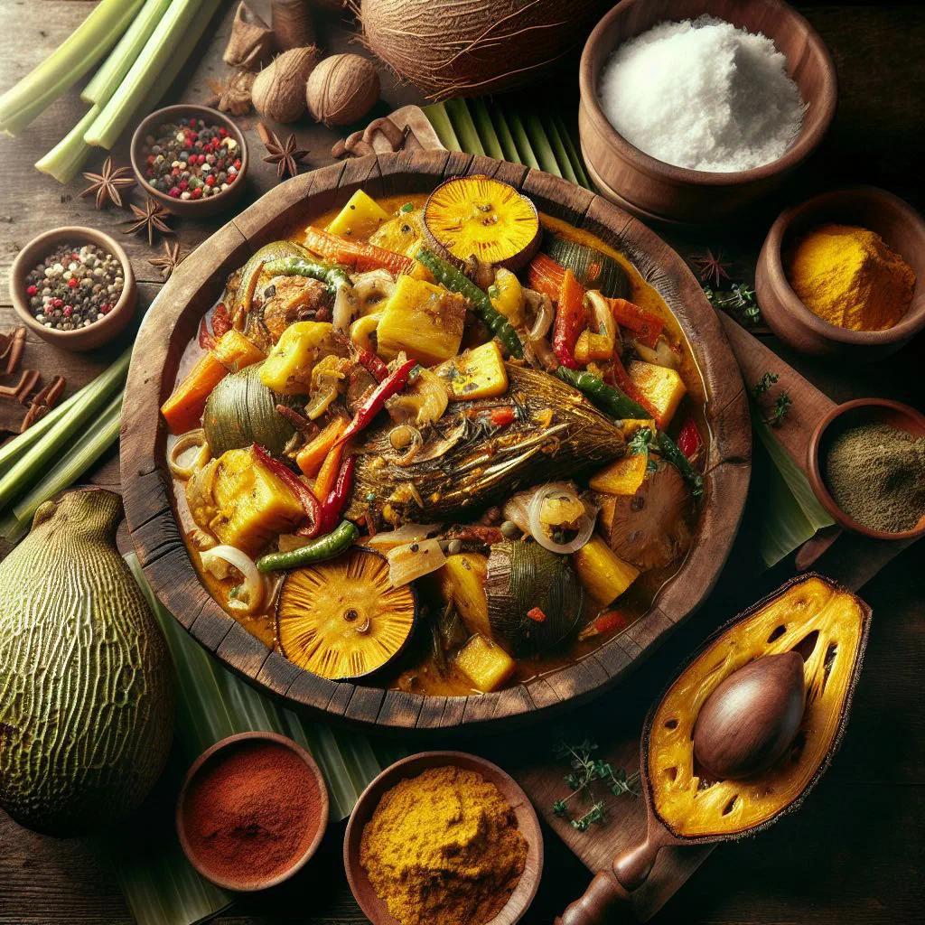 Breadfruit oil down simmering in coconut milk with peppers and fresh herbs