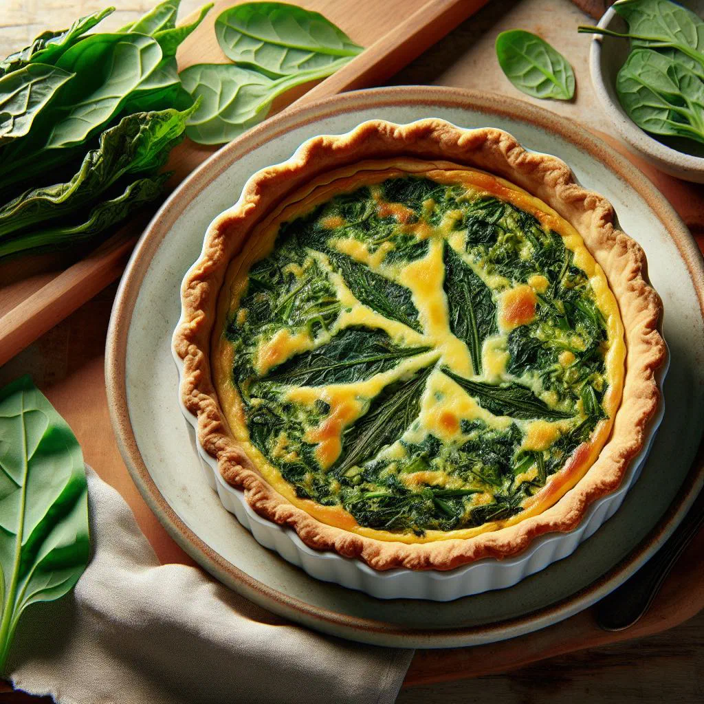 Golden baked callaloo quiche with a crisp pastry crust, sliced on a wooden board
