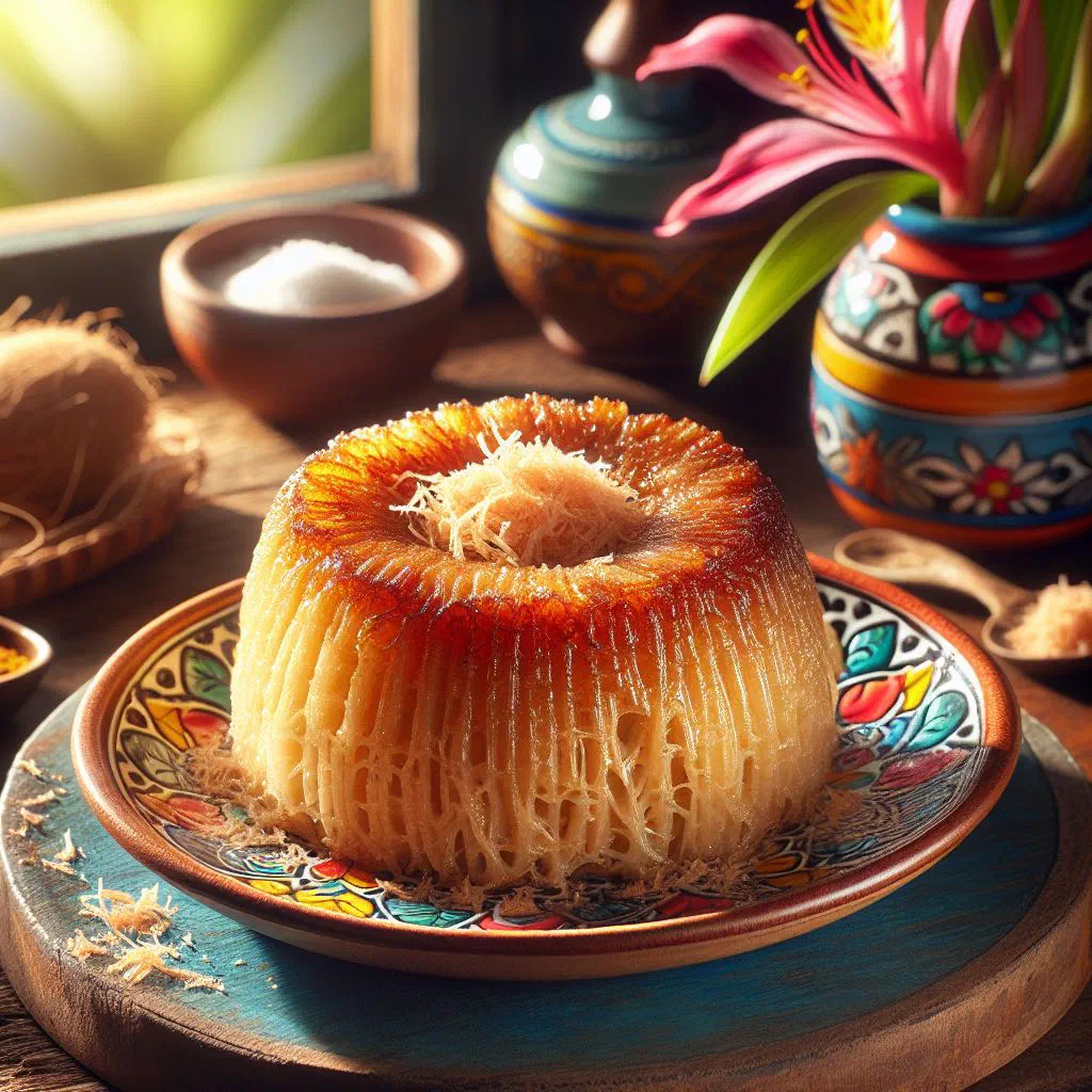 Golden baked cassava pone cut into squares on a plate