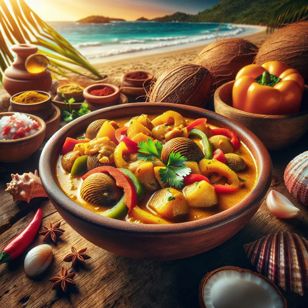 Conch curry in a creamy coconut sauce, garnished with fresh herbs and lime