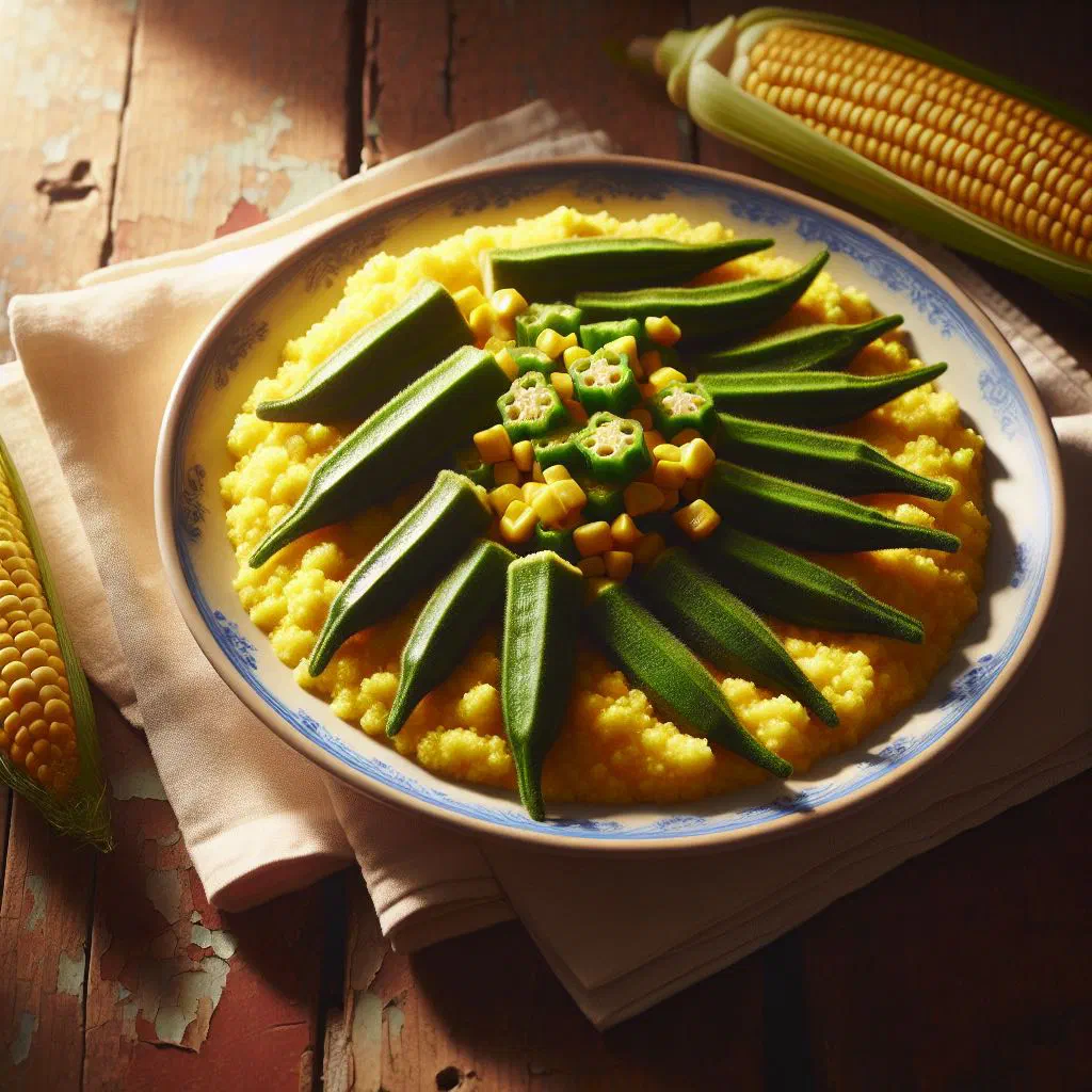 Creamy cornmeal cou-cou with sliced okra served in a bowl