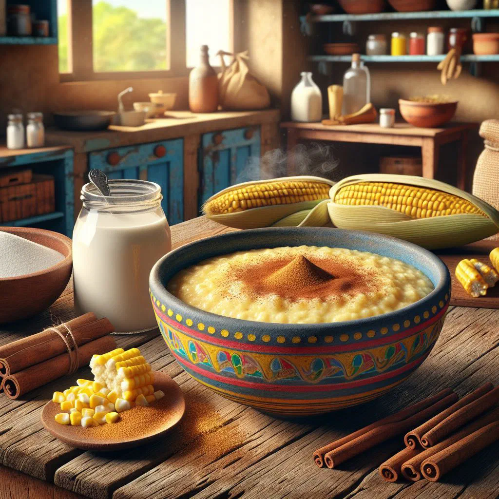 Creamy cornmeal porridge in a bowl topped with fresh fruit and a dusting of nutmeg
