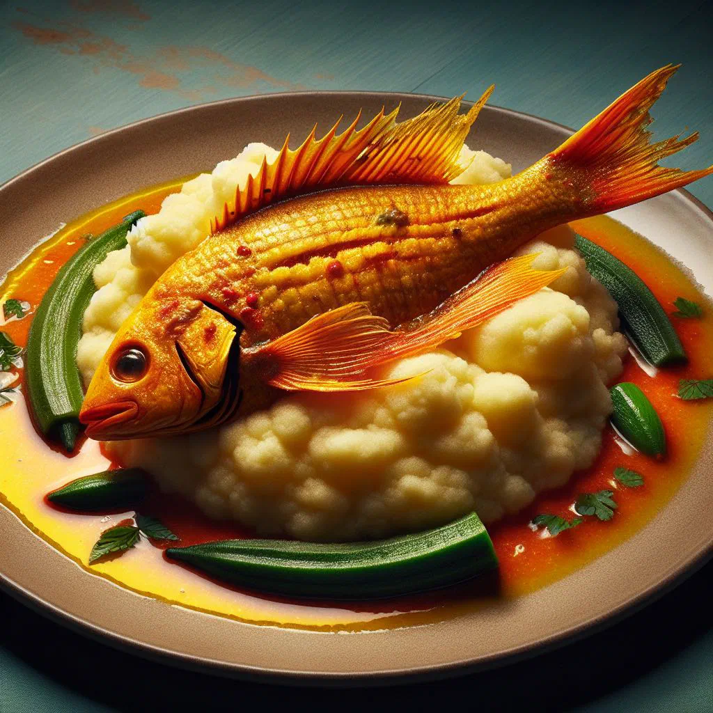 Creamy cornmeal cou-cou served with pan-fried flying fish and fresh herbs