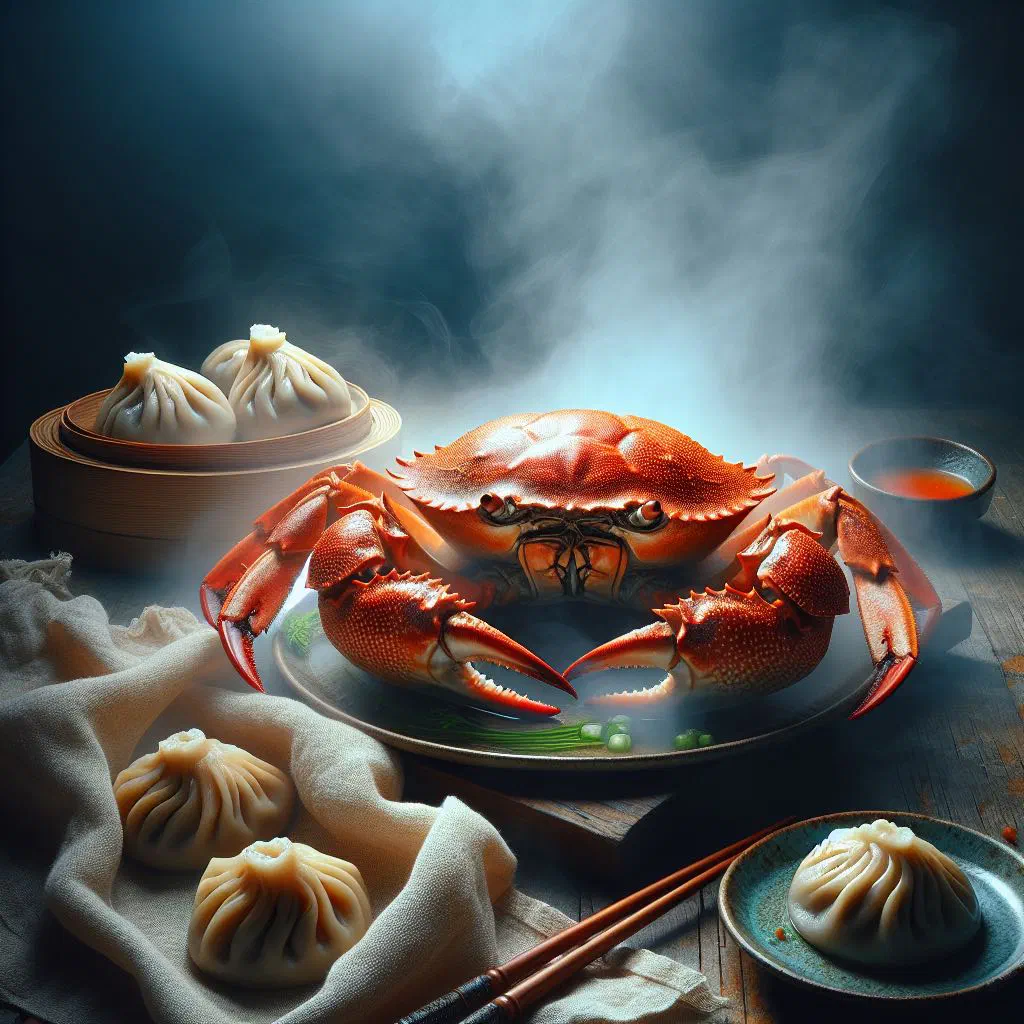 Bowl of crab in coconut sauce with fluffy dumplings and fresh parsley