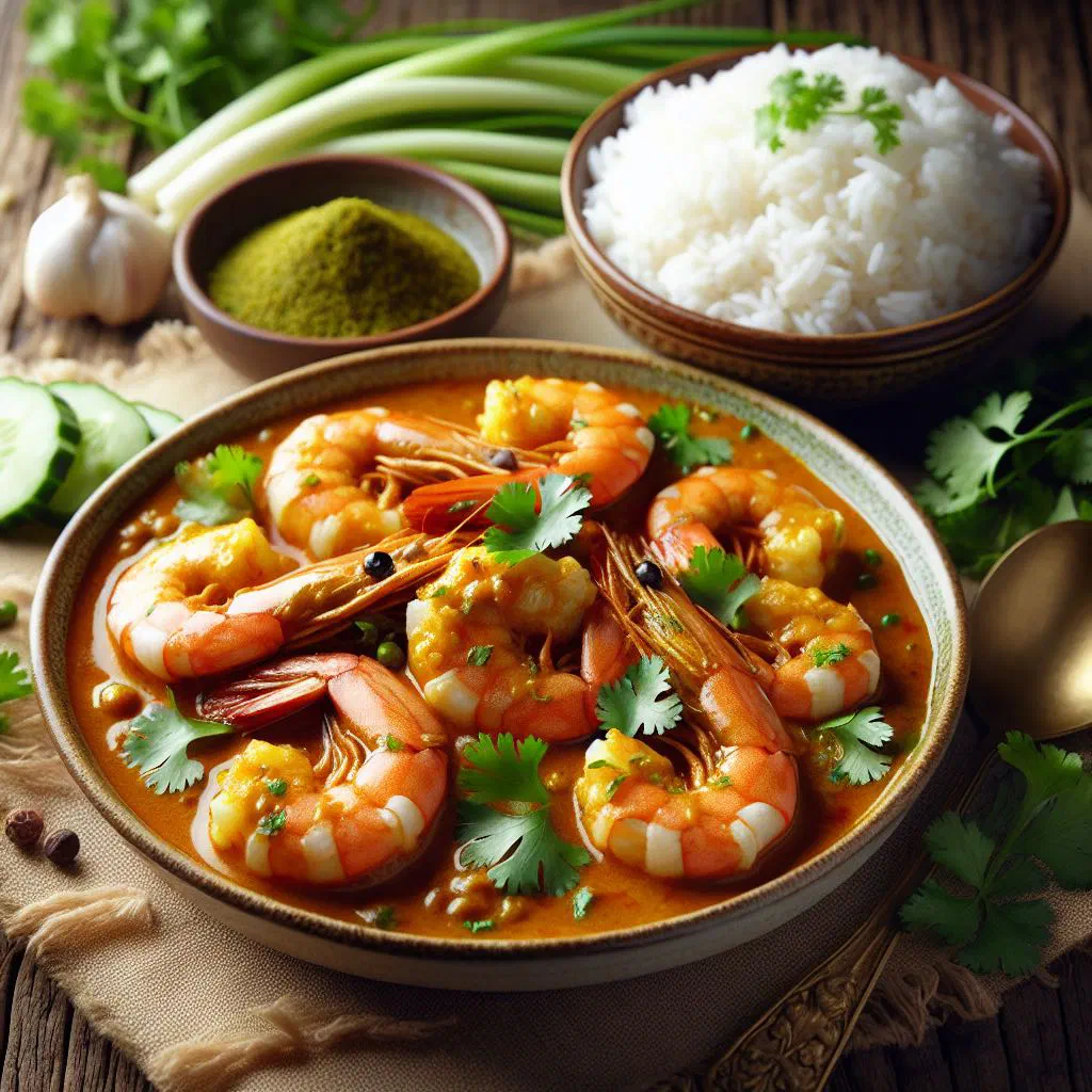 Curry shrimp in a creamy coconut curry sauce with peppers and fresh coriander