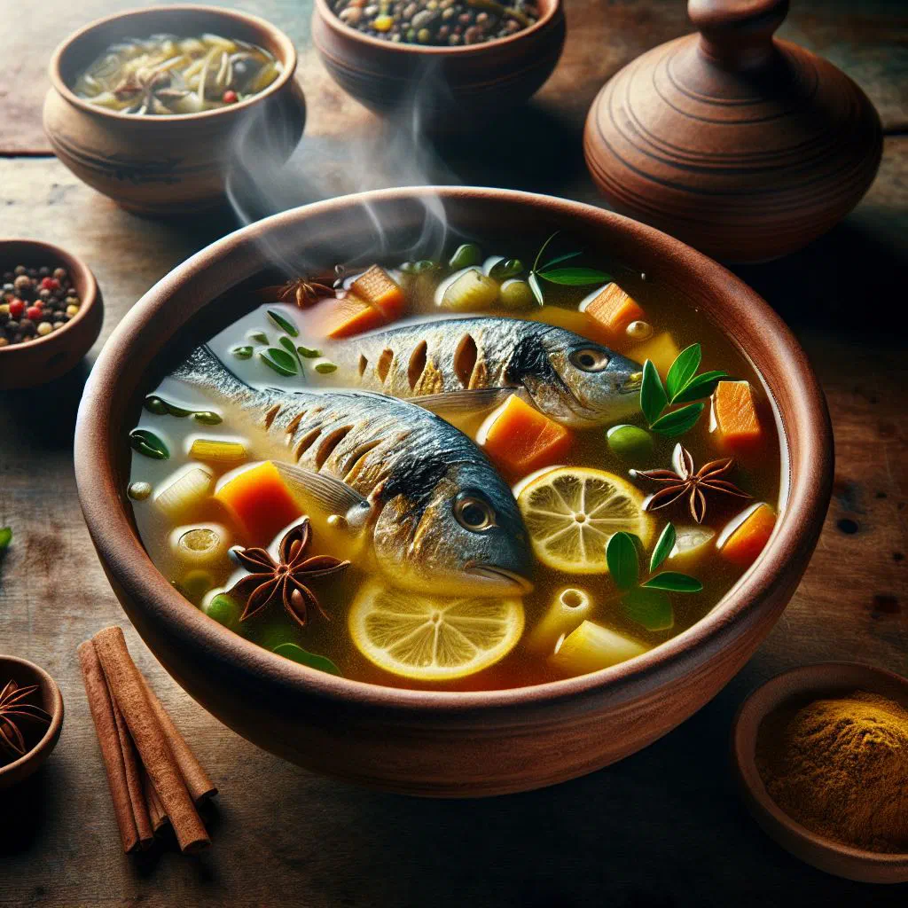 Bowl of Grenadian fish broth with chunks of fish, vegetables and fresh herbs
