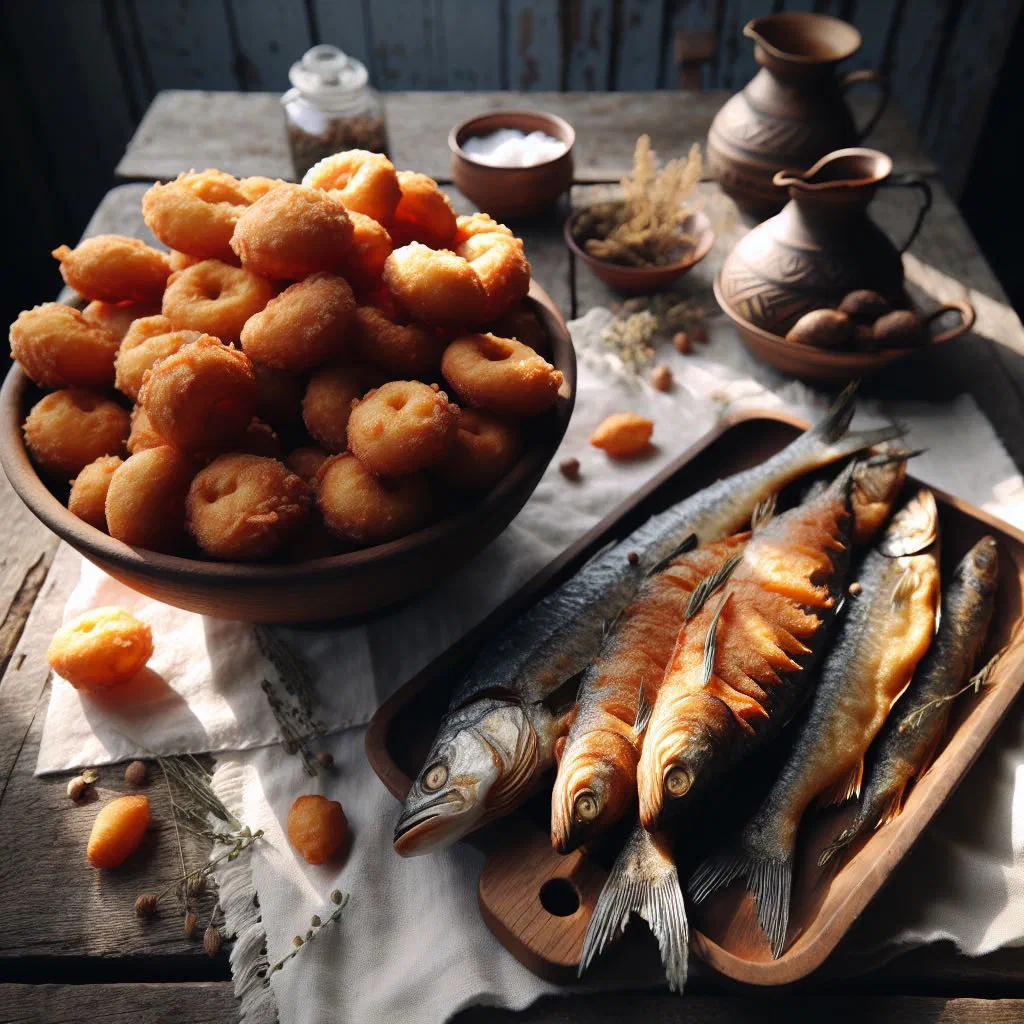 Golden fried bake rolls served with seasoned saltfish and peppers