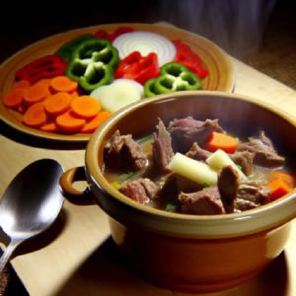 Bowl of Grenadian goat water stew with tender goat meat, carrots and fresh thyme