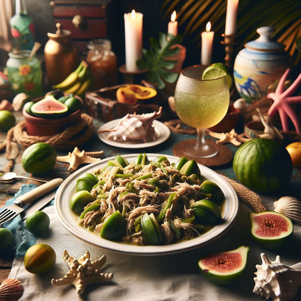 Green fig and saltfish with sliced green bananas, tomatoes and fresh herbs