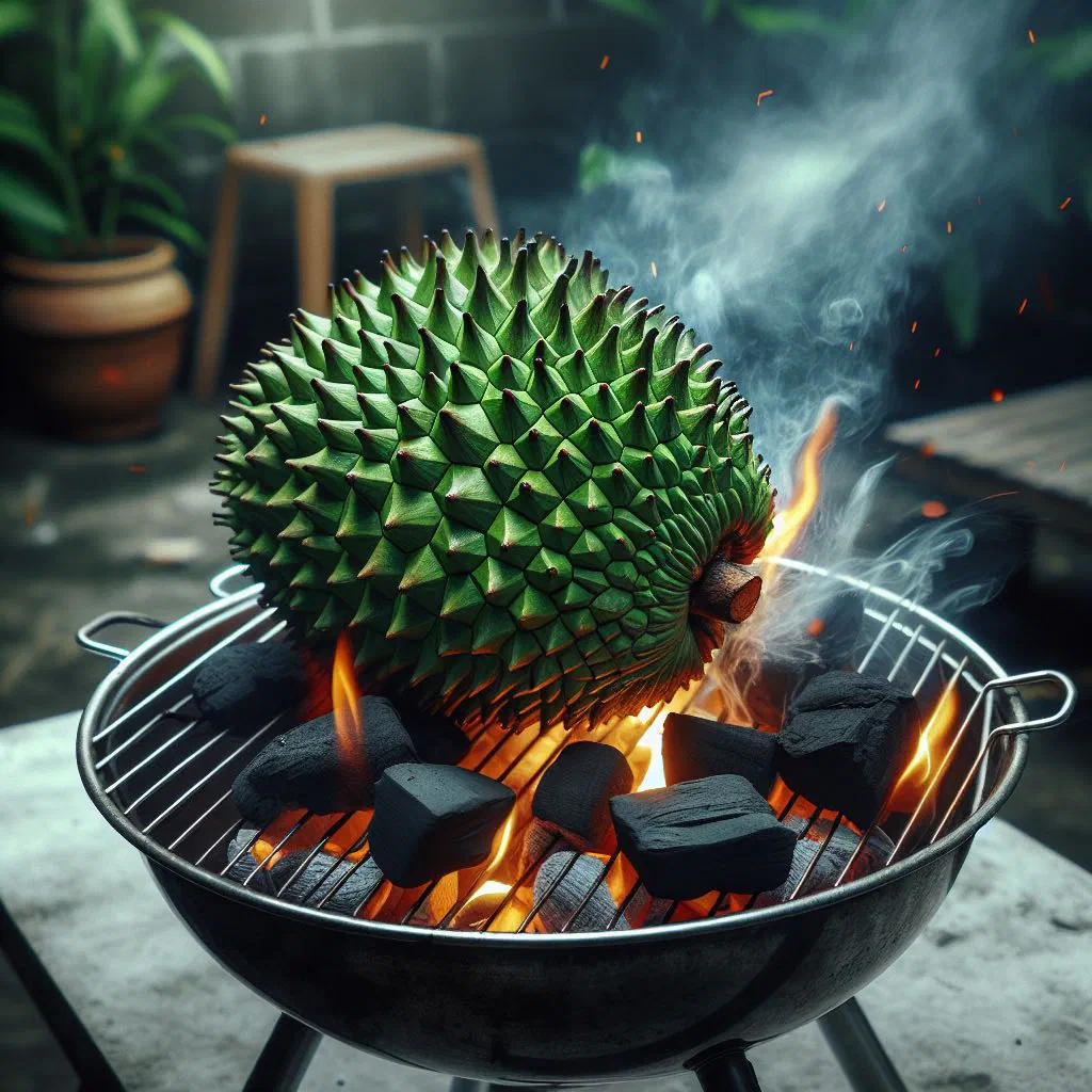 Charred slices of grilled breadfruit with lime wedges and fresh herbs