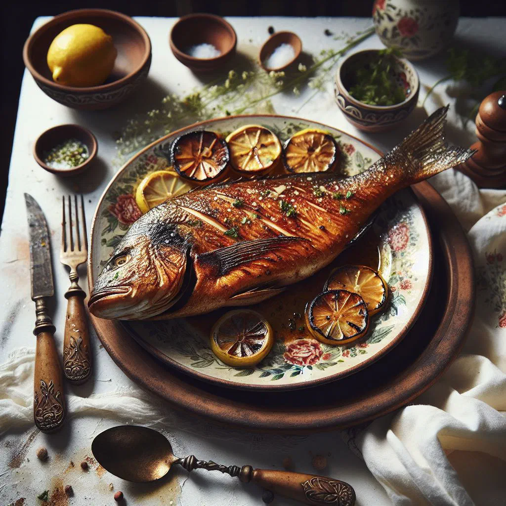 Grilled fish fillet with lime wedges and fresh herbs on a plate