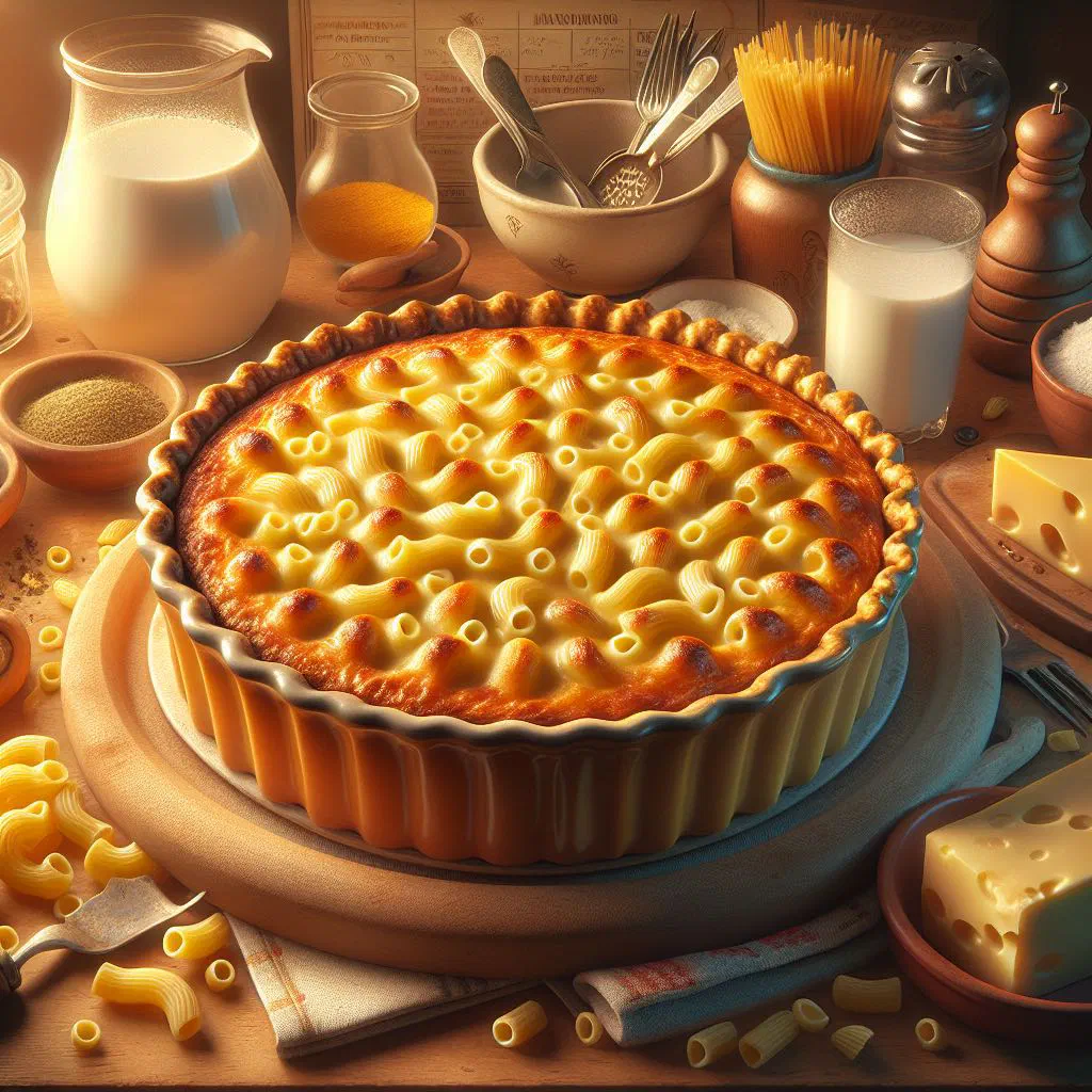 Golden baked macaroni pie in a dish, cut to show the creamy cheese filling