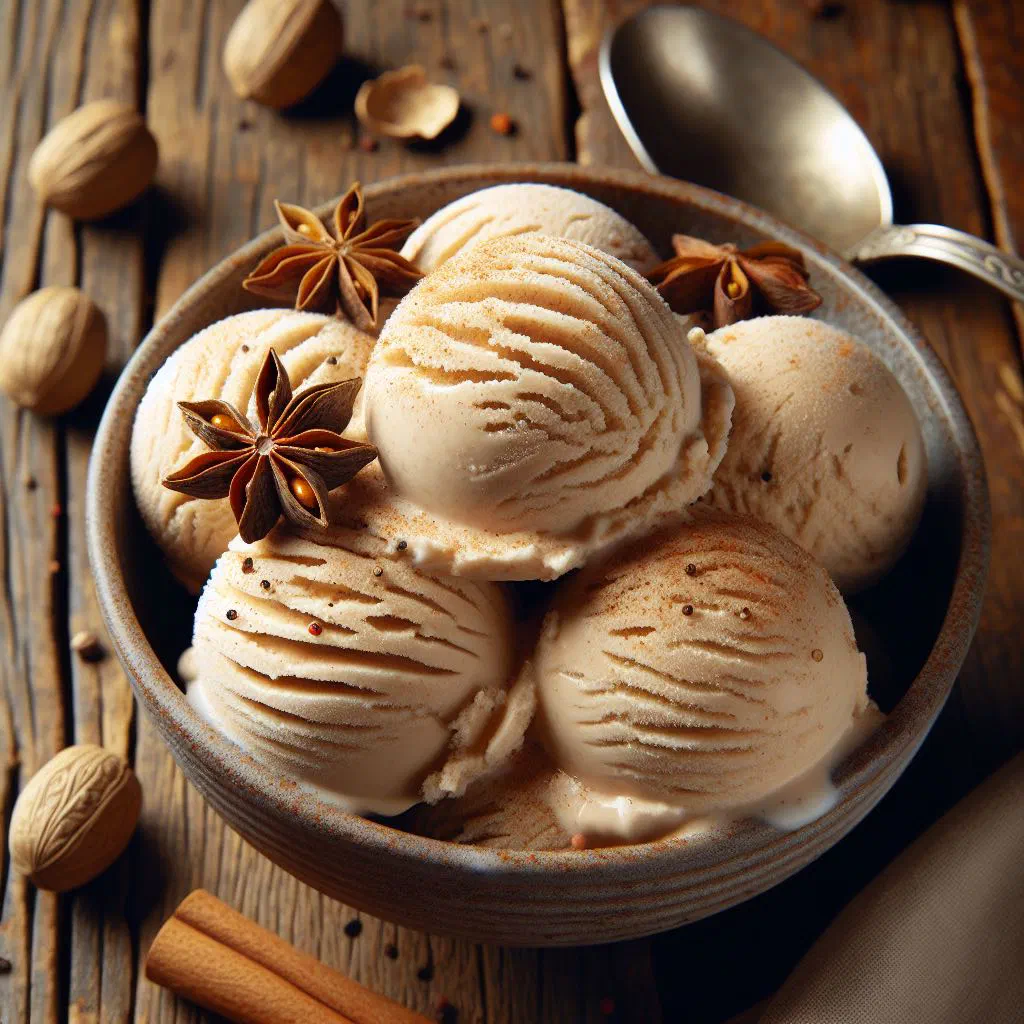 Scoops of creamy nutmeg ice cream dusted with freshly grated nutmeg