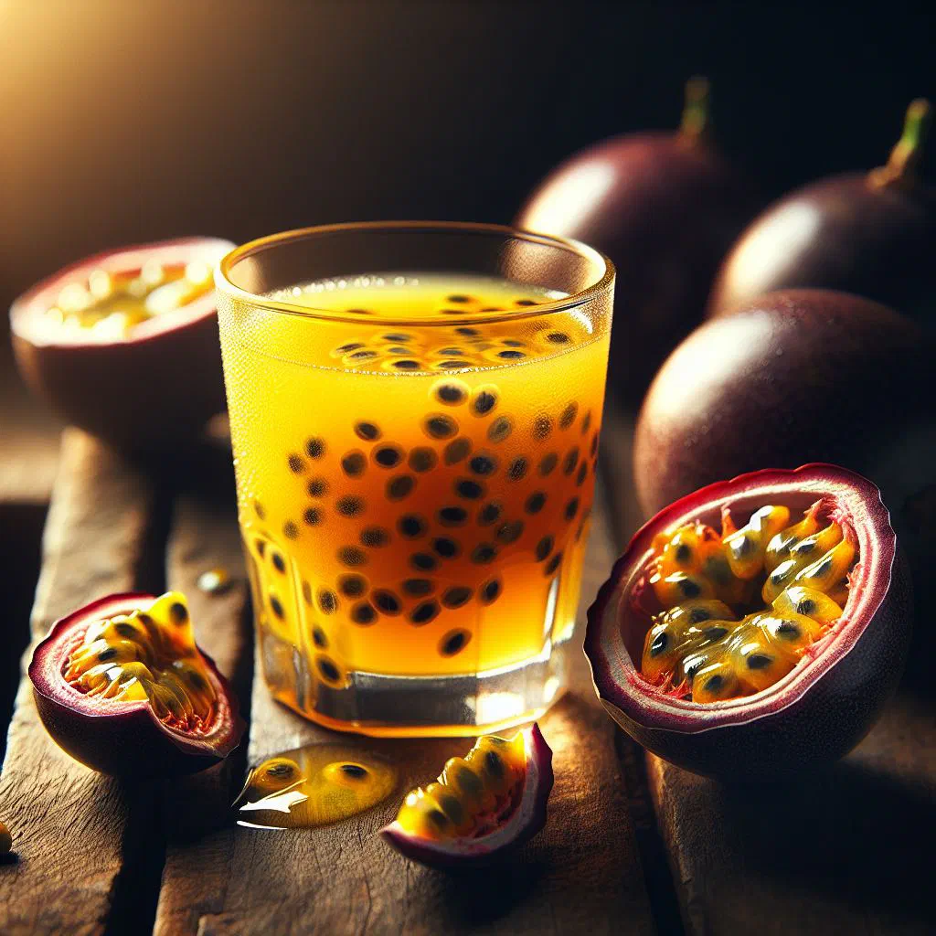 Glass of chilled passionfruit juice with ice and fresh passion fruit halves