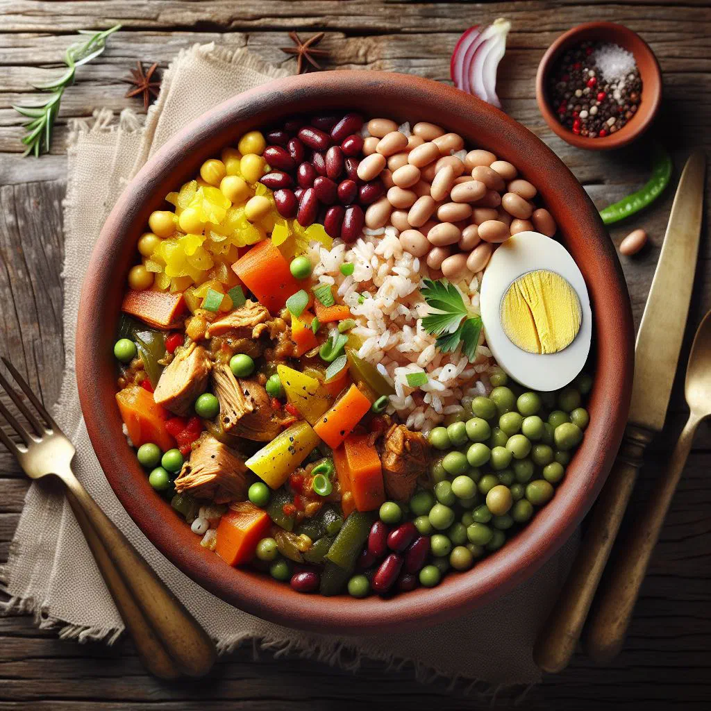 A pot of Grenadian pelau with rice, chicken and vegetables