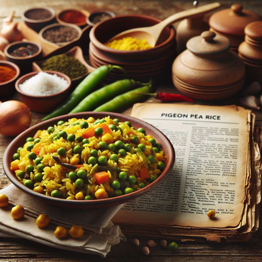 A bowl of pigeon pea rice with fresh thyme and diced onion