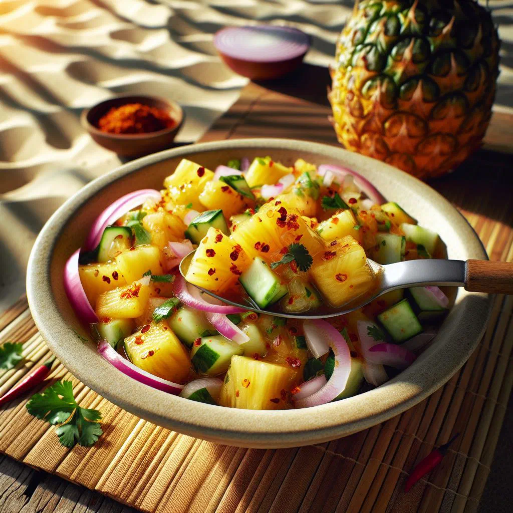 Bowl of pineapple chow with fresh herbs, chilli and lime