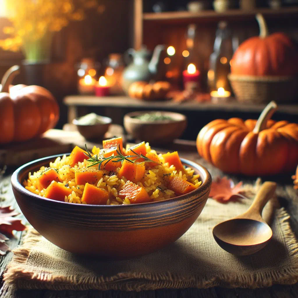 Bowl of Grenadian pumpkin rice garnished with fresh herbs