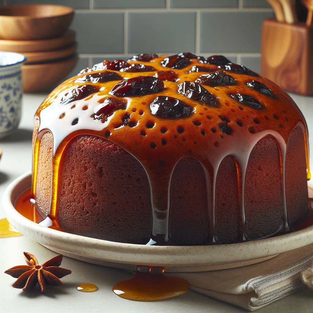 Sliced Grenadian rum cake studded with dried fruit on a cake plate