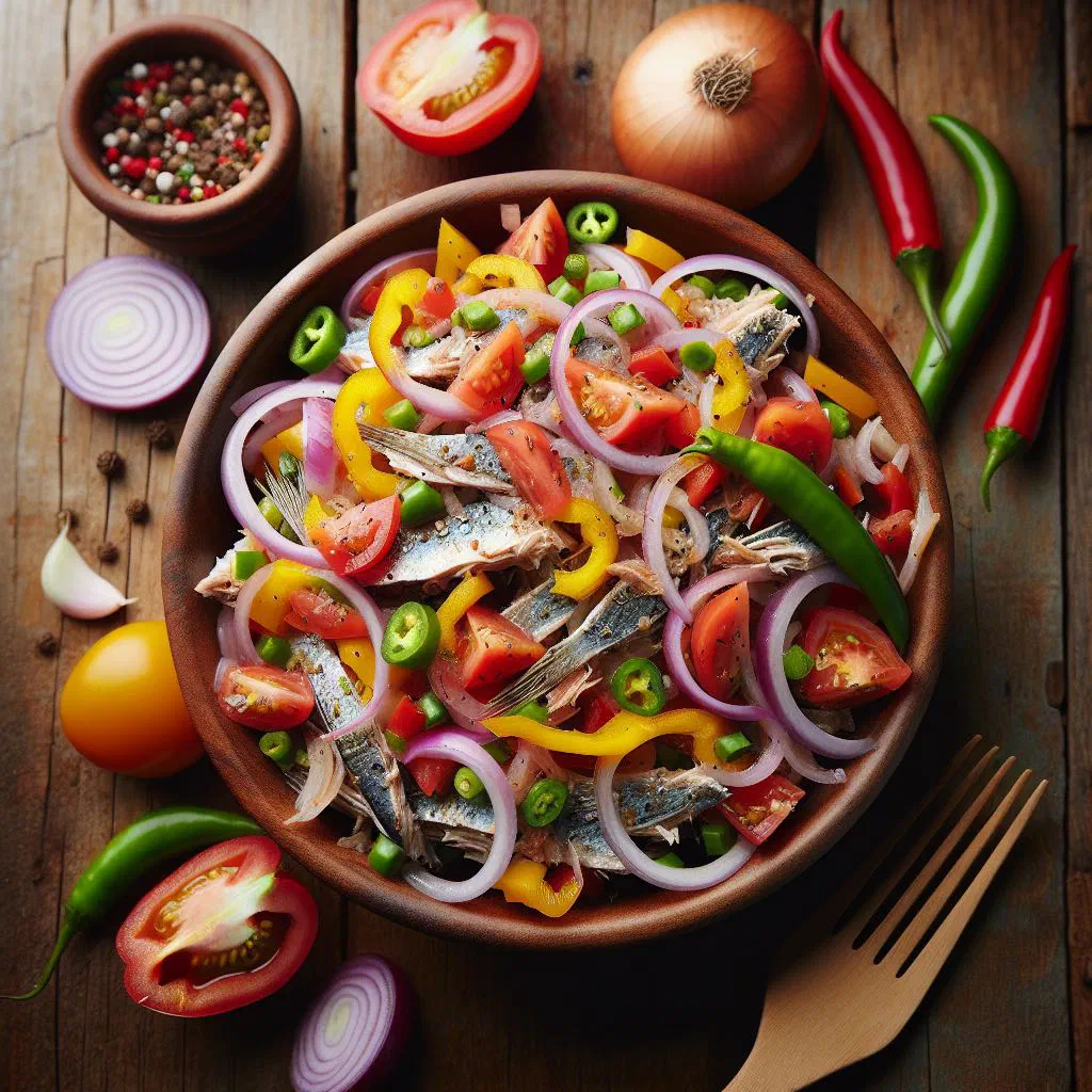 Saltfish buljol with flaked salt cod, peppers, tomatoes and spring onions in a bowl