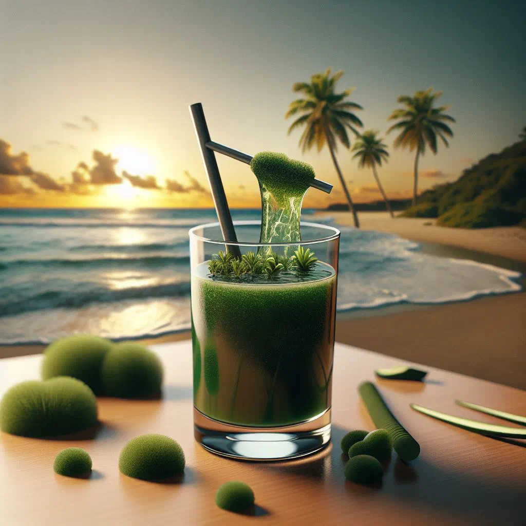 Creamy sea moss drink served chilled in a tall glass with a dusting of nutmeg