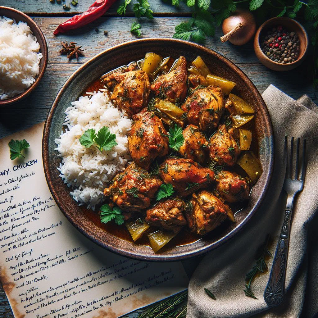 Caribbean stewed chicken in a rich tomato sauce with peppers and carrots